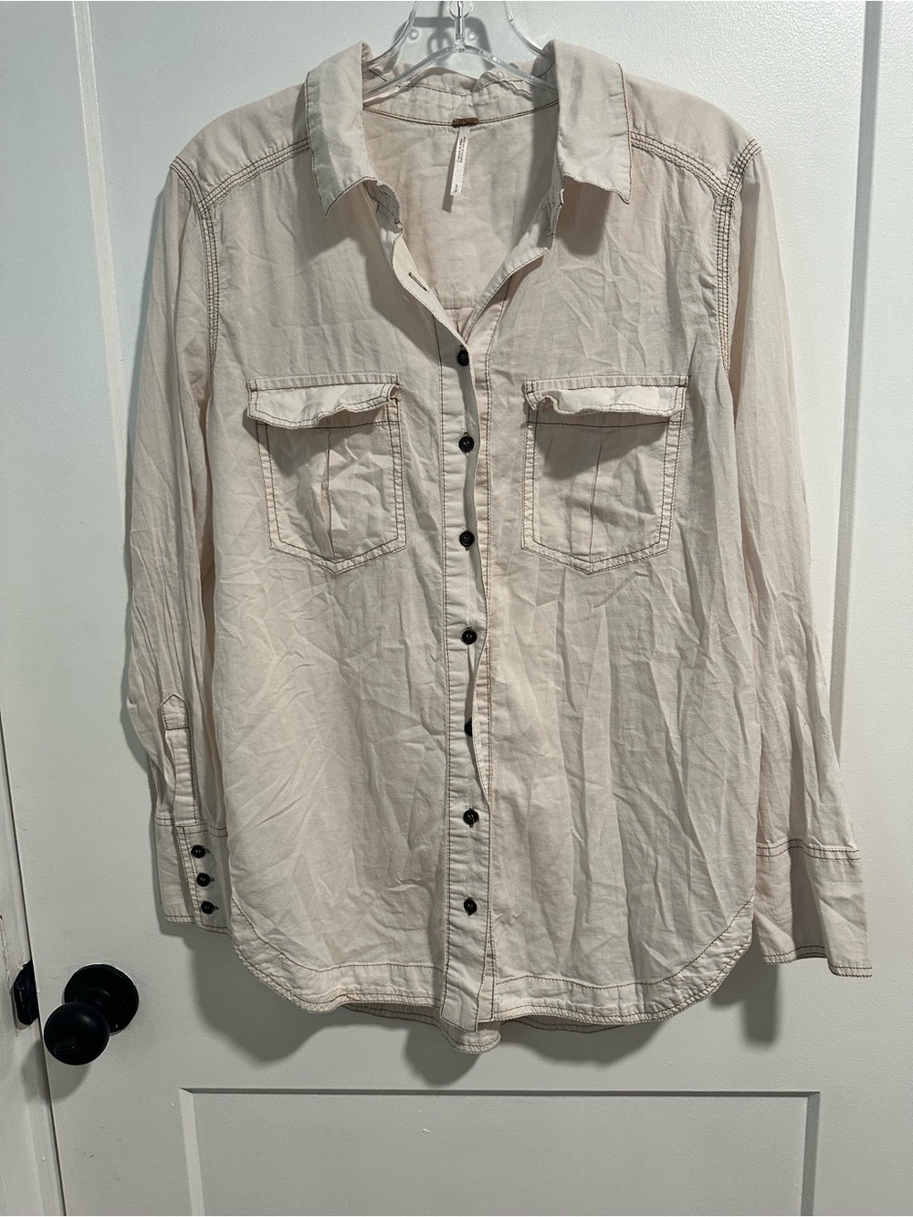 Free People Cream Casual Button-Down Shirt